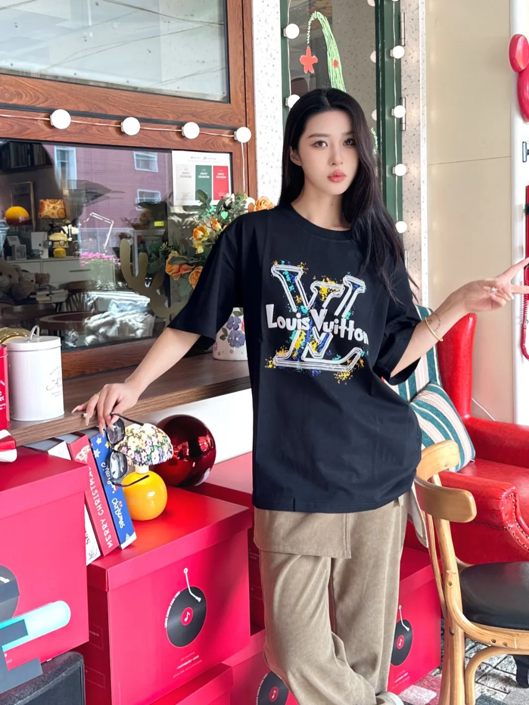 Louis Vuitton/Louis Vuitton graffiti large logo printed short sleeves